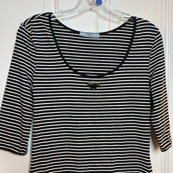 EUC PRADA Stripe Three-Quarter Sleeve Jersey Top women’s black & white size 42/6 - Picture 2 of 10